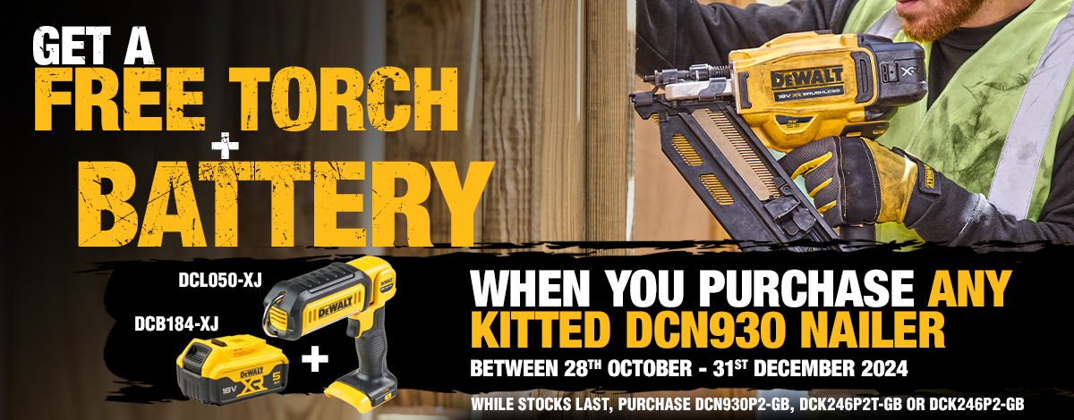 Get a FREE Torch and 5AH Battery when you purchase a kitted DCN930 Nailer